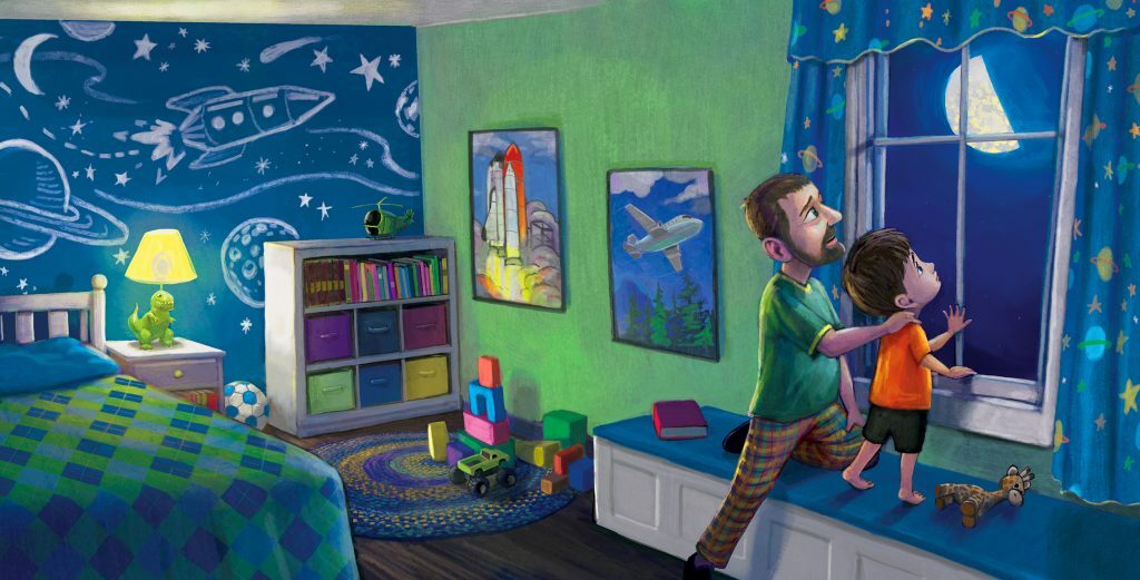 An illustration of a father and son looking out of a window at the moon
