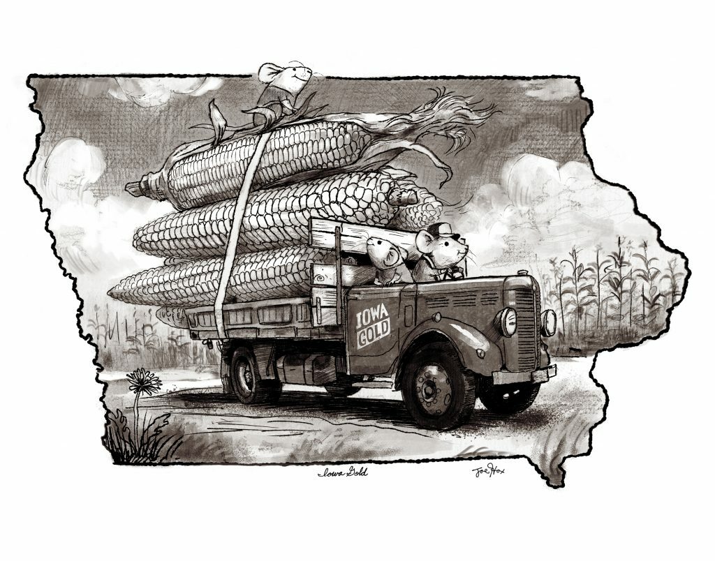 An illustration of mice driving a truck stacked high with corn
