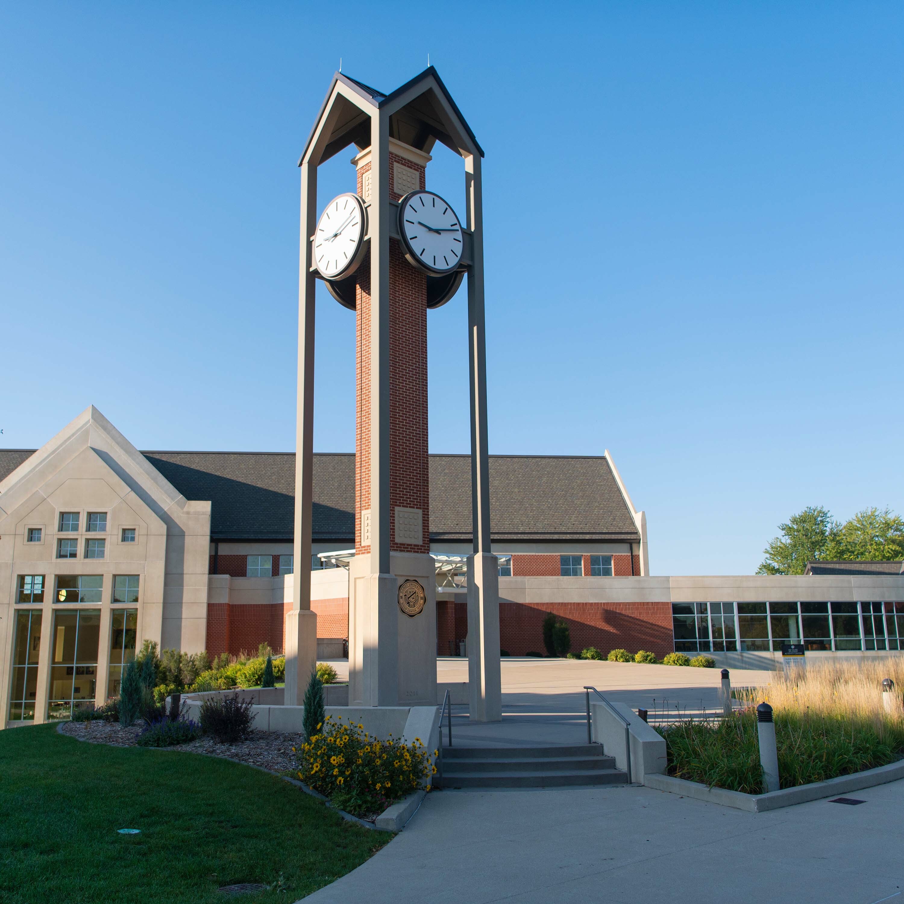 A view of the Clock Tower with the Campus Center behind it