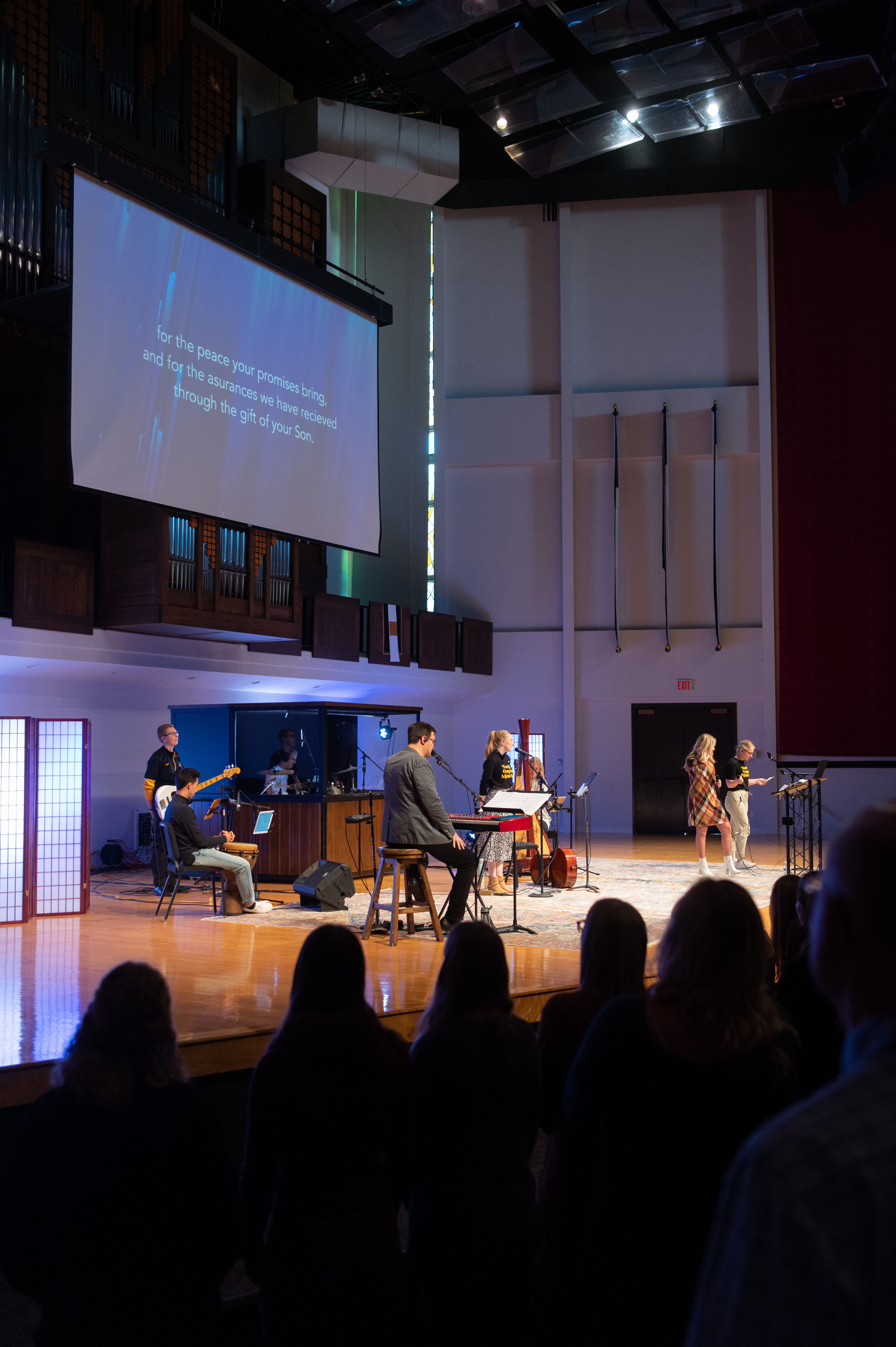 Band performs worship music on BJ Haan stage during chapel