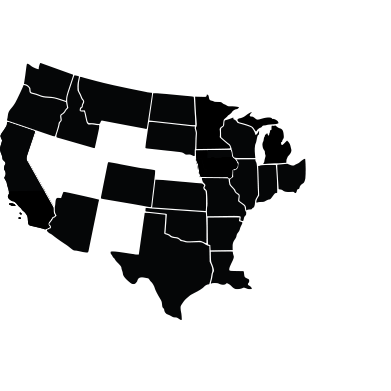 A map of the U.S. highlighting all of the east coast states, the southeast states, Nebraska, Wyoming, Utah, Nevada, and New Mexico