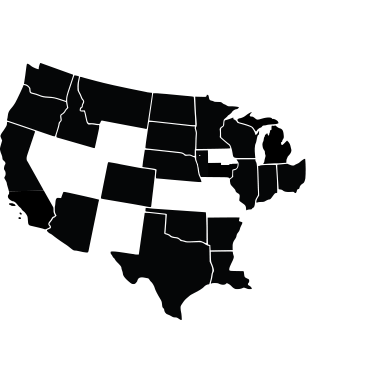 A map of the U.S. highlighting the eastern states, northeast Iowa, Missouri, Kansas, New Mexico, Wyoming, Utah, Nevada, and Unity Christian High School in Orange City, Iowa