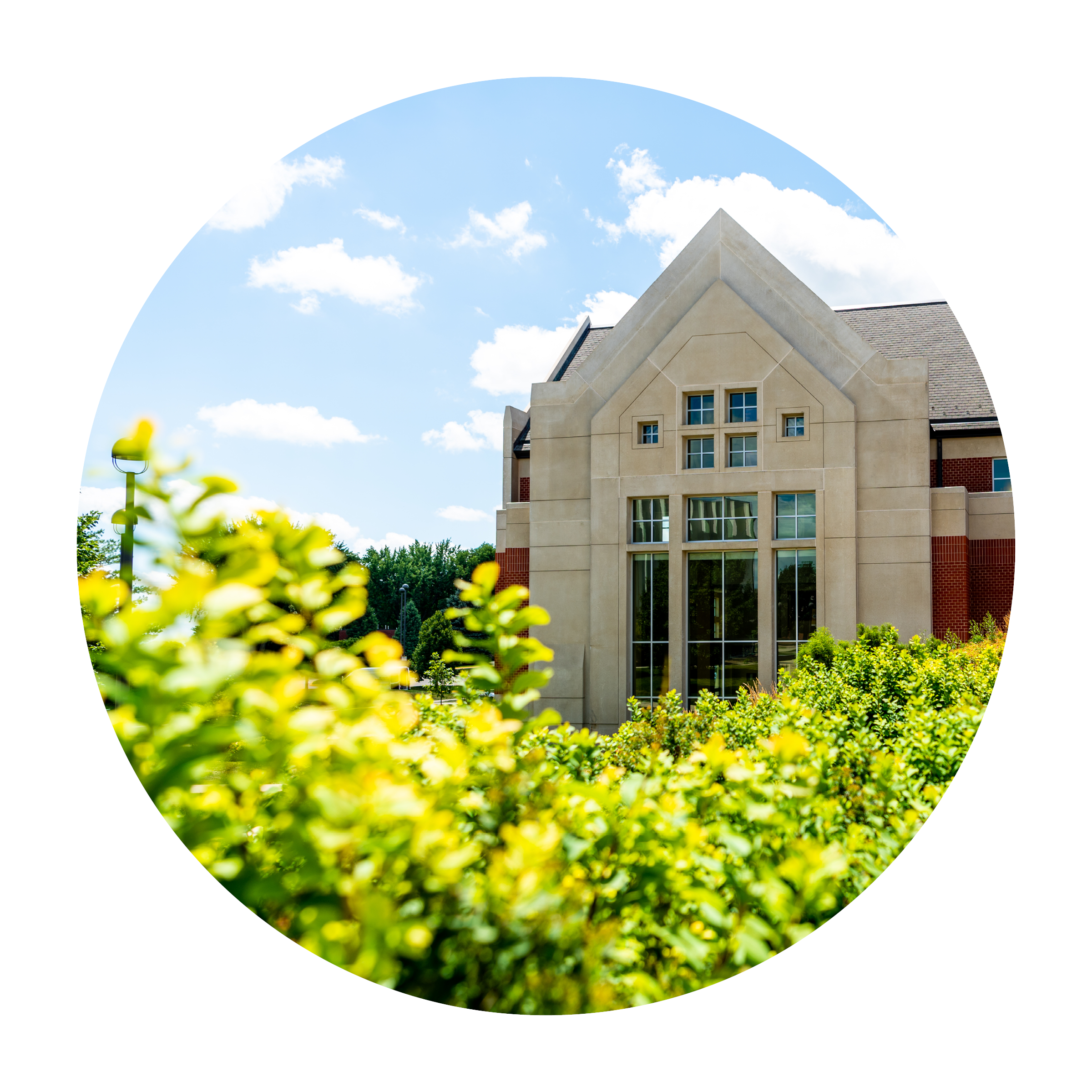 circle photo of the back of dordt's campus building