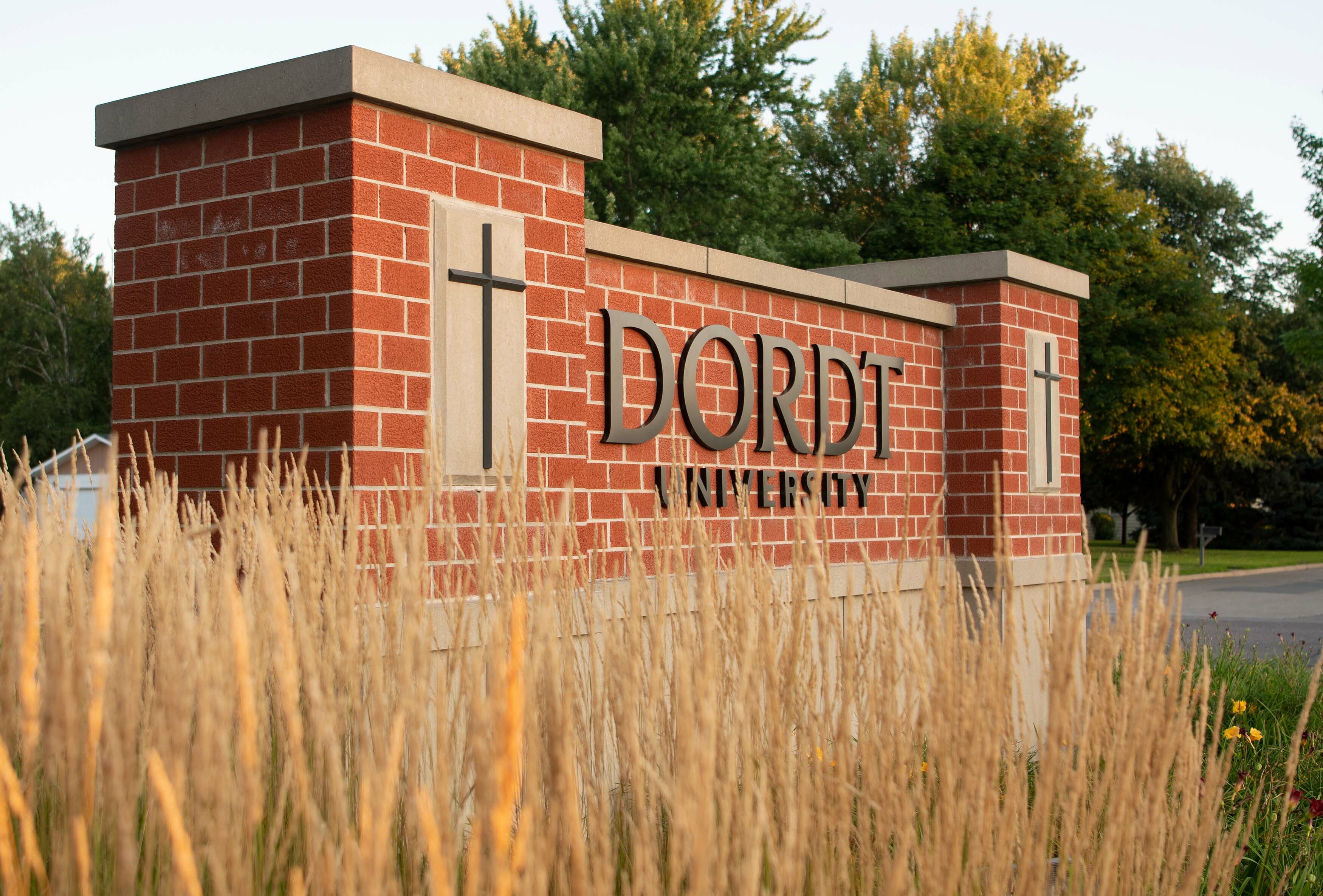 A view of the front signage at Dordt's 7th Street entrance
