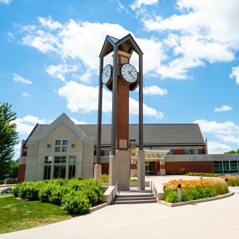 A picture of Dordt's clocktower and campus center